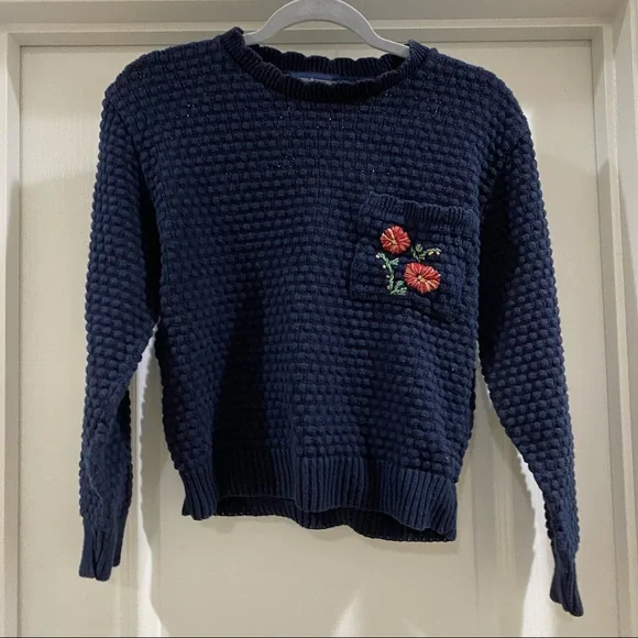 Vintage hand embroidered floral sweater M navy blue - Picture 2 of 9